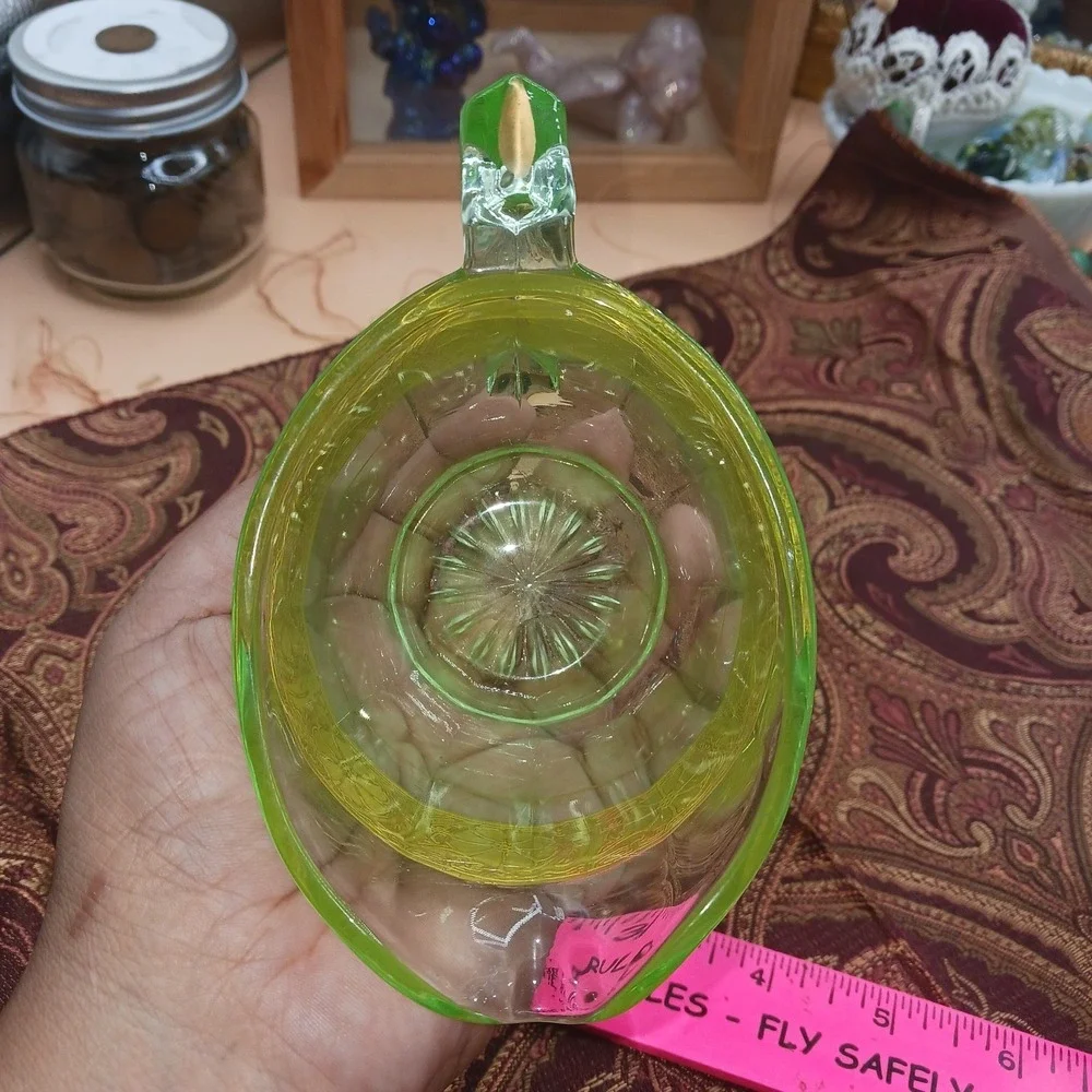 Vtg Green Uranium Glass Creamer & Sugar Bowl Floral w Gold Gilt